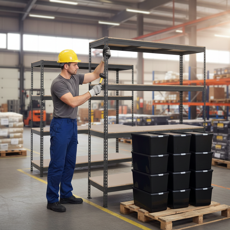 3x Heavy Duty Shelving Units - 2000mm High with 12x 62L Plastic Storage Boxes - Front view