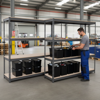 3x Premium Heavy Duty Shelving - 2200mm High - Grey with 12x 37L Storage Boxes