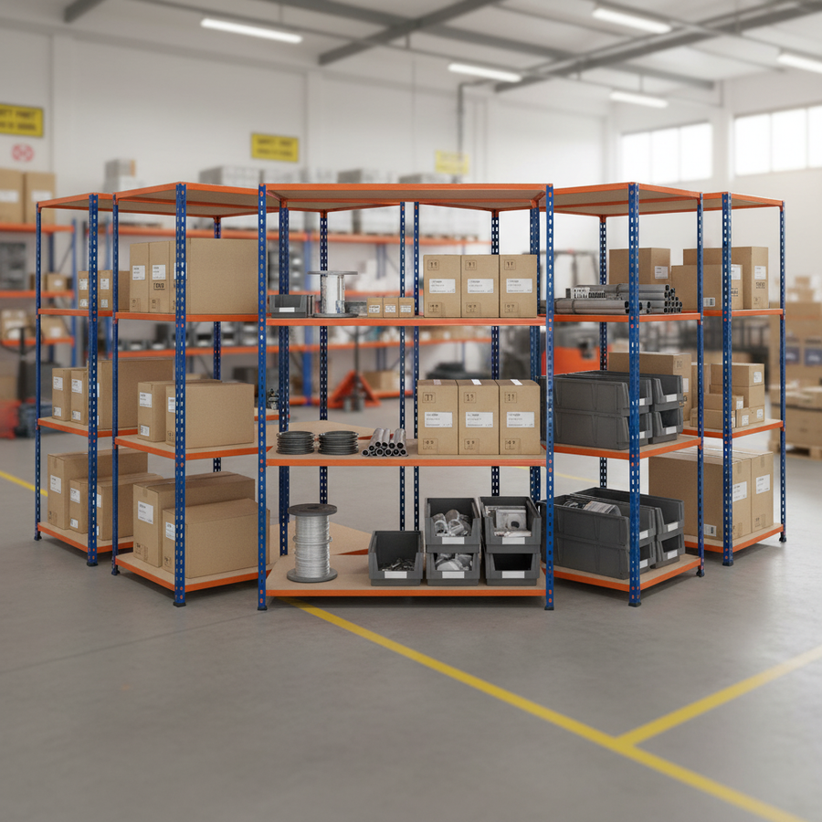 5x Heavy Duty Industrial Shelving - 1830mm High - 200kg Capacity - Chipboard - Front view