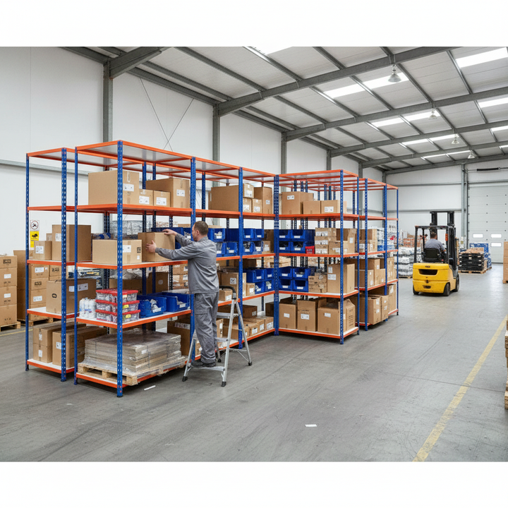 5x Heavy Duty Industrial Shelving - 2440mm High - 200kg Capacity - Melamine - Blue & Orange - Side view