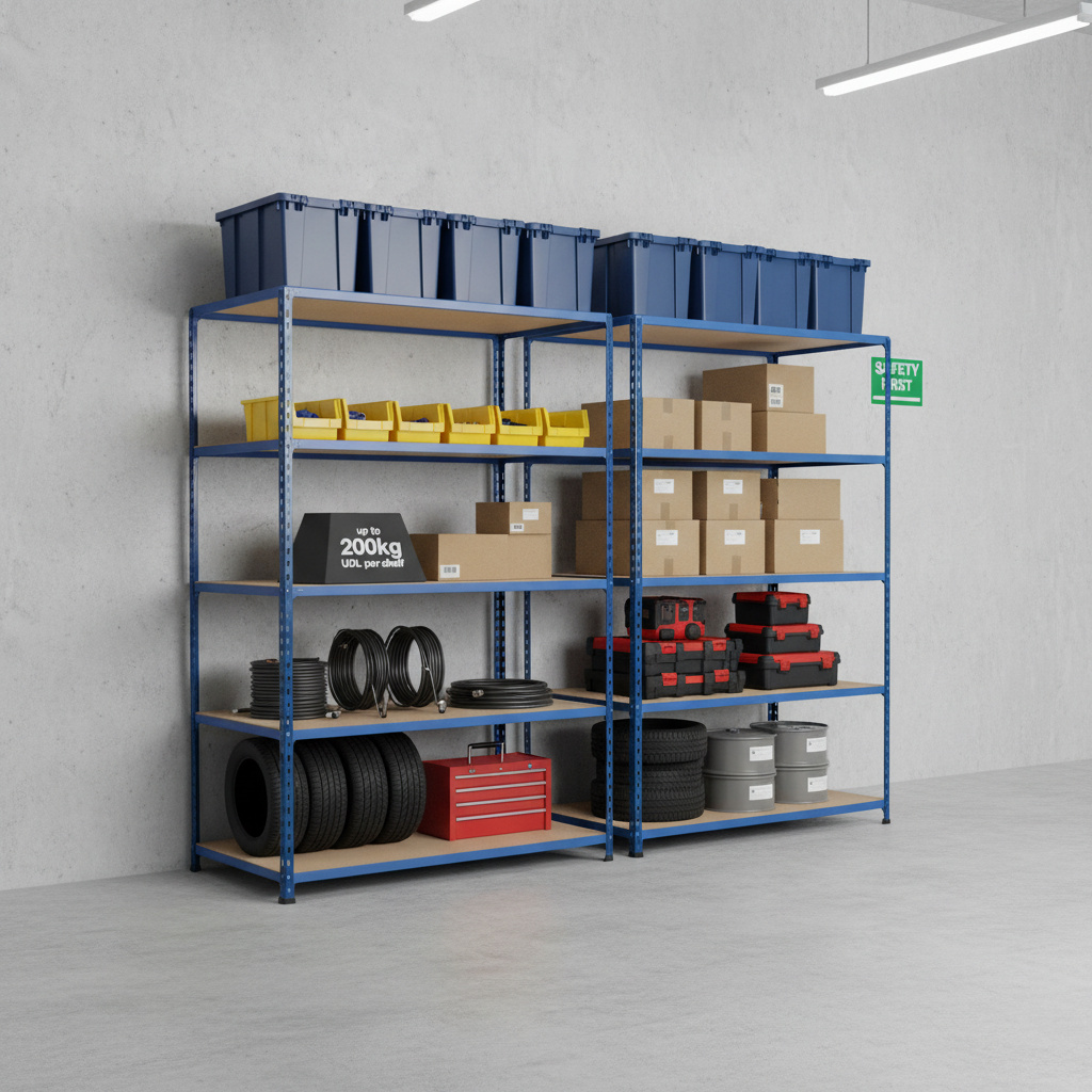 Heavy Duty Industrial Shelving - 2440mm High - 200kg Load Capacity - Chipboard - Blue Finish - Front view