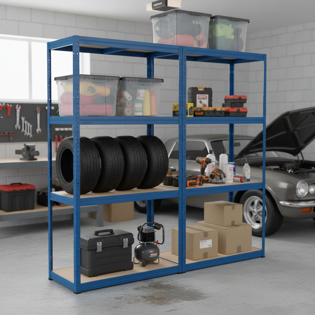 Heavy Duty Garage Shelving - 1600mm High - 200/280kg Load Capacity - Blue - Front view