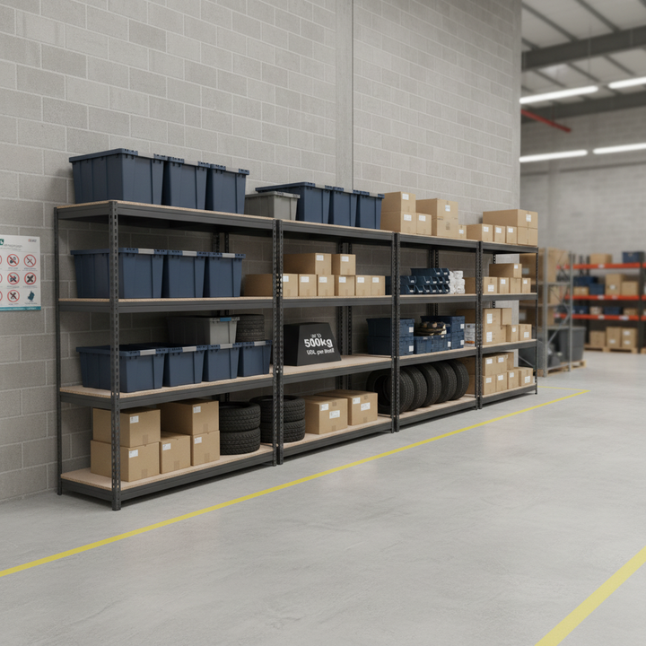 4x Heavy Duty Industrial Shelving - 2000mm High - 500kg Capacity - Grey - Front view