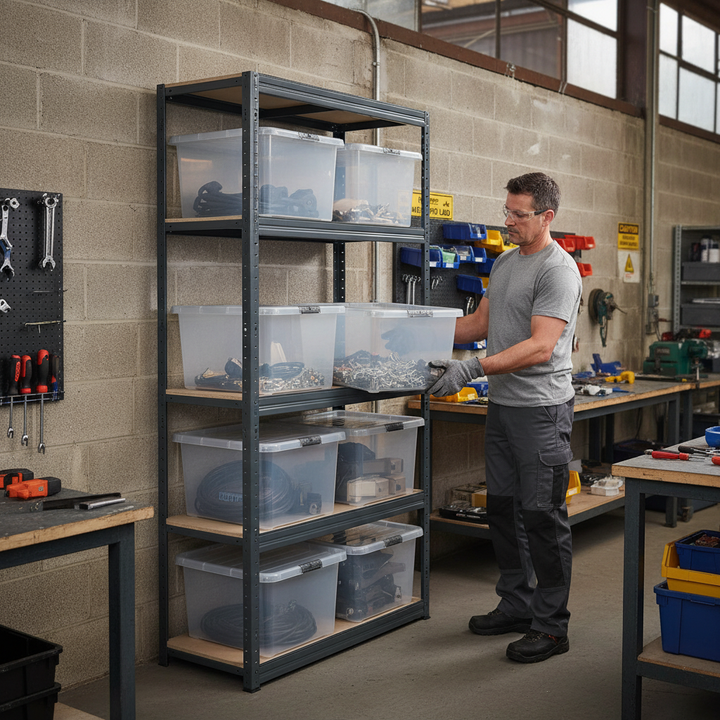 Premium Shelving Unit - 2130mm High - Grey with 8x 60L Plastic Storage Boxes - Front view