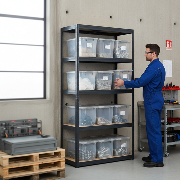 Premium Industrial Shelving Unit with 10x 37L Plastic Storage Boxes - Front view