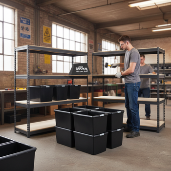 4x Premium Heavy Duty Shelving - 1600mm High - Grey with 12x 37L Plastic Storage Boxes