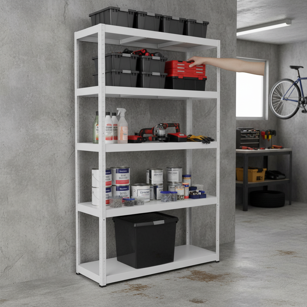 Heavy Duty Metal Garage Shelving - 1800mm High - 90/130kg Capacity - White - Side view