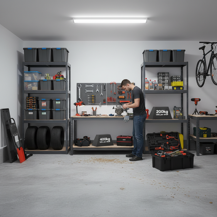 4 Heavy Duty Shelving Units and 1 Workbench - 1600mm High & Wide - Grey - Side view