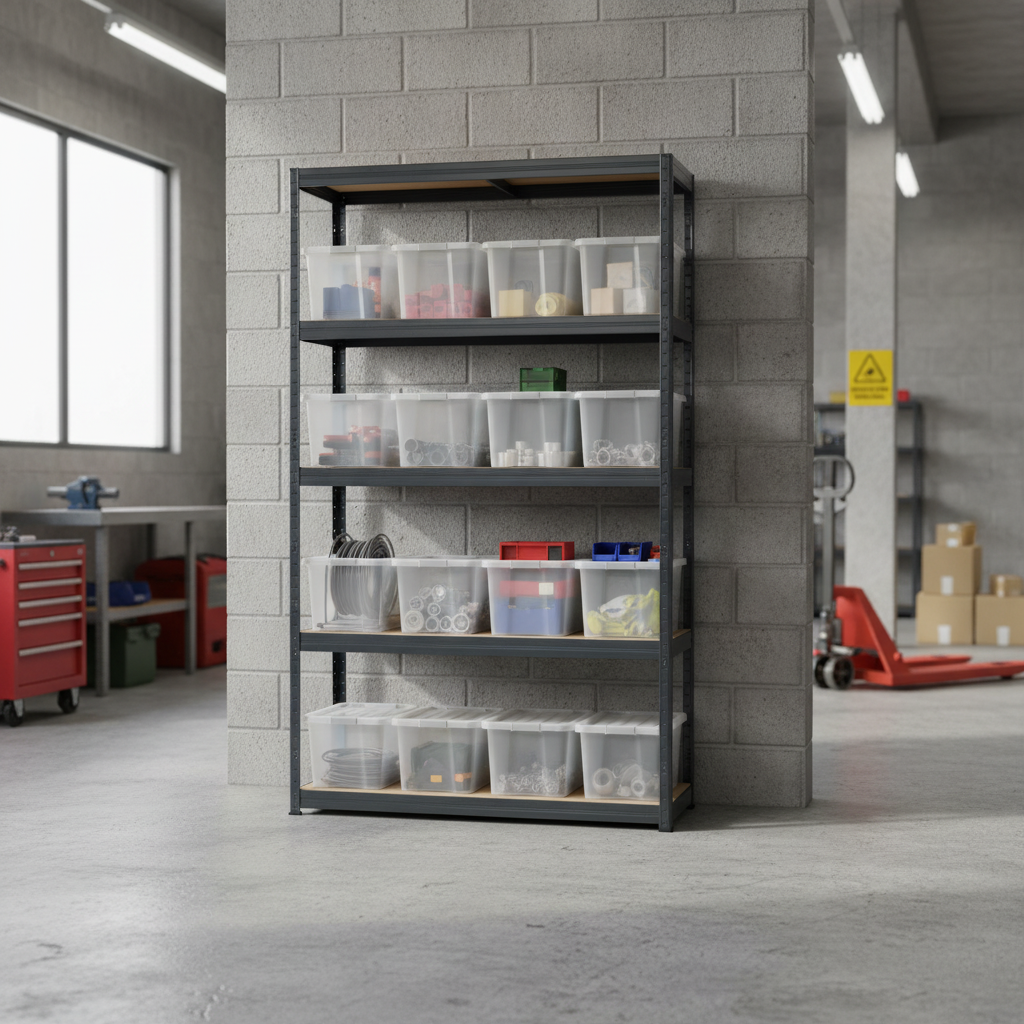 Premium Heavy Duty Shelving Unit with 12x 60L Plastic Storage Boxes - Front view