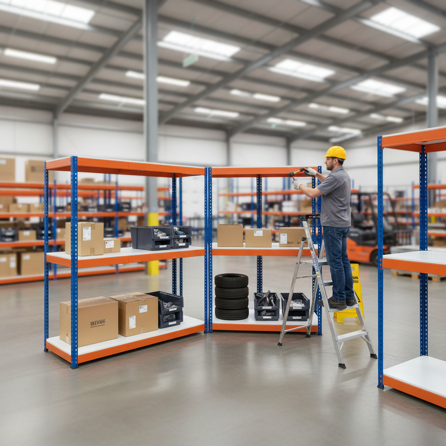 5x Heavy Duty Industrial Shelving - 2440mm High - 400kg Capacity - Melamine - Blue & Orange - Front view