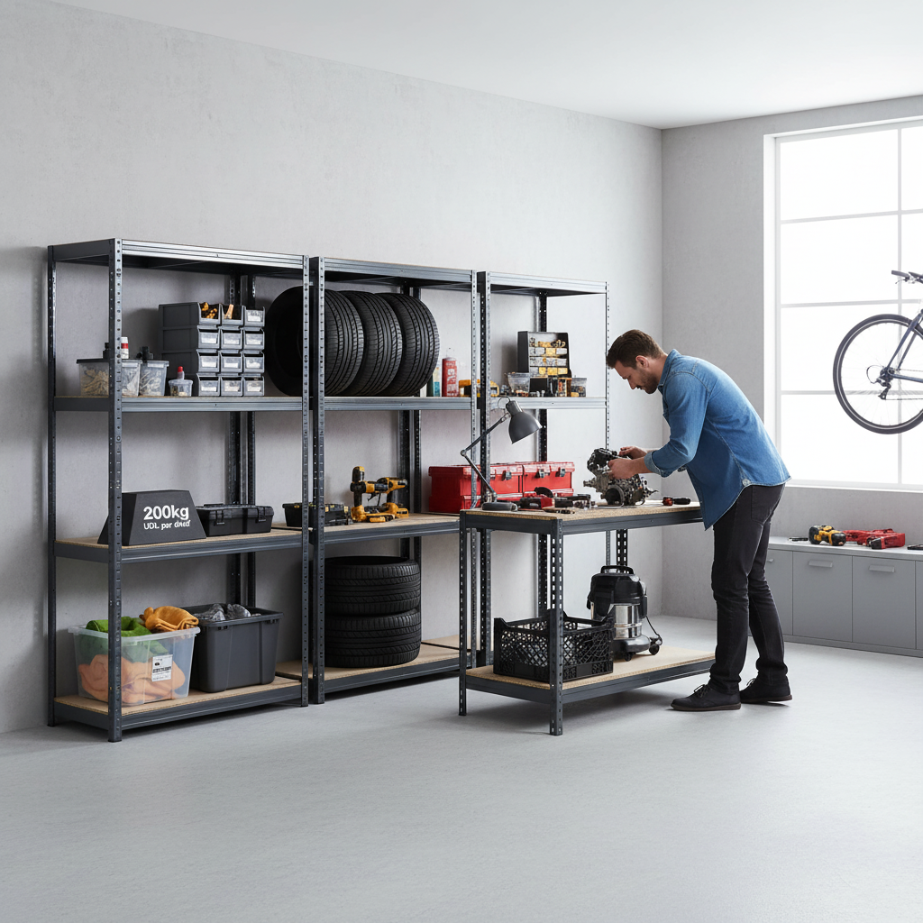 3x Heavy Duty Shelving Units - 1600mm High & 1x Workbench - 1200mm Wide - Grey - Side view