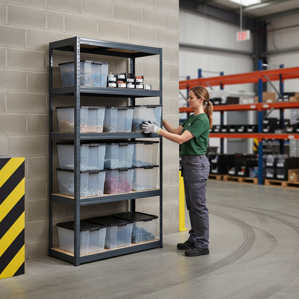 Premium Heavy Duty Shelving Unit with 12x 24L Storage Boxes - 1800mm High - Grey - Side view