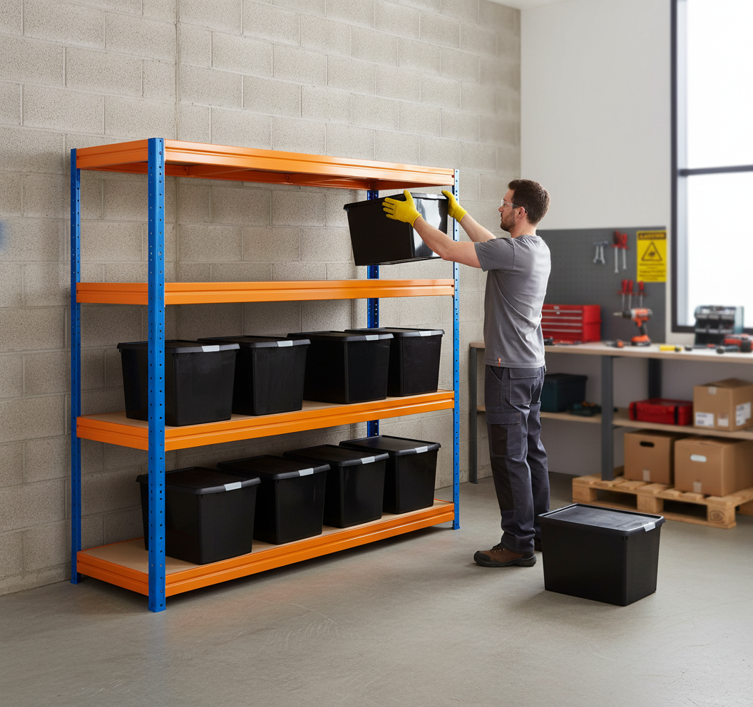 Premium Heavy Duty Shelving with 8x 37L Plastic Storage Boxes - 1770mm High - Front view