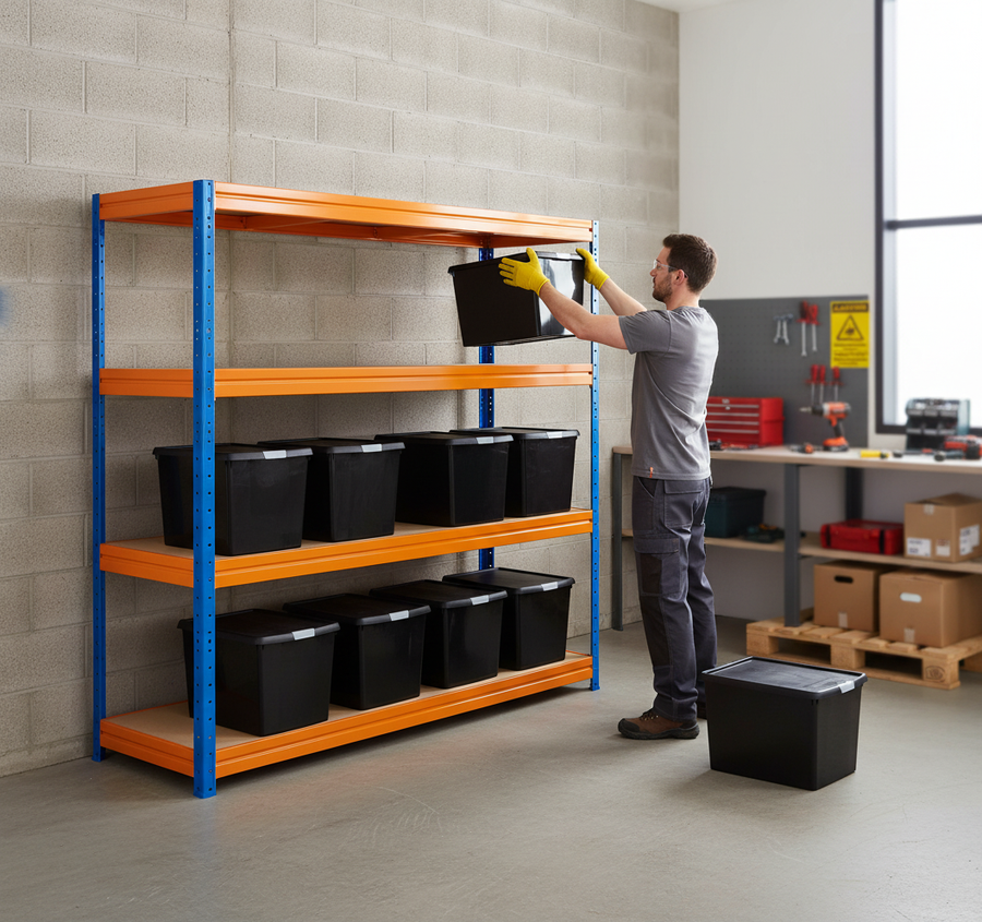 Premium Heavy Duty Shelving with 8x 37L Plastic Storage Boxes - 1770mm High - Front view