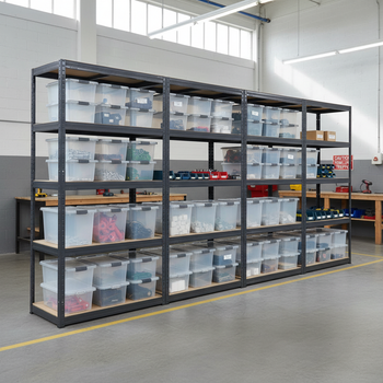 3x Heavy Duty Shelving Units - 1800mm High - Grey with 20x 37L Plastic Storage Boxes