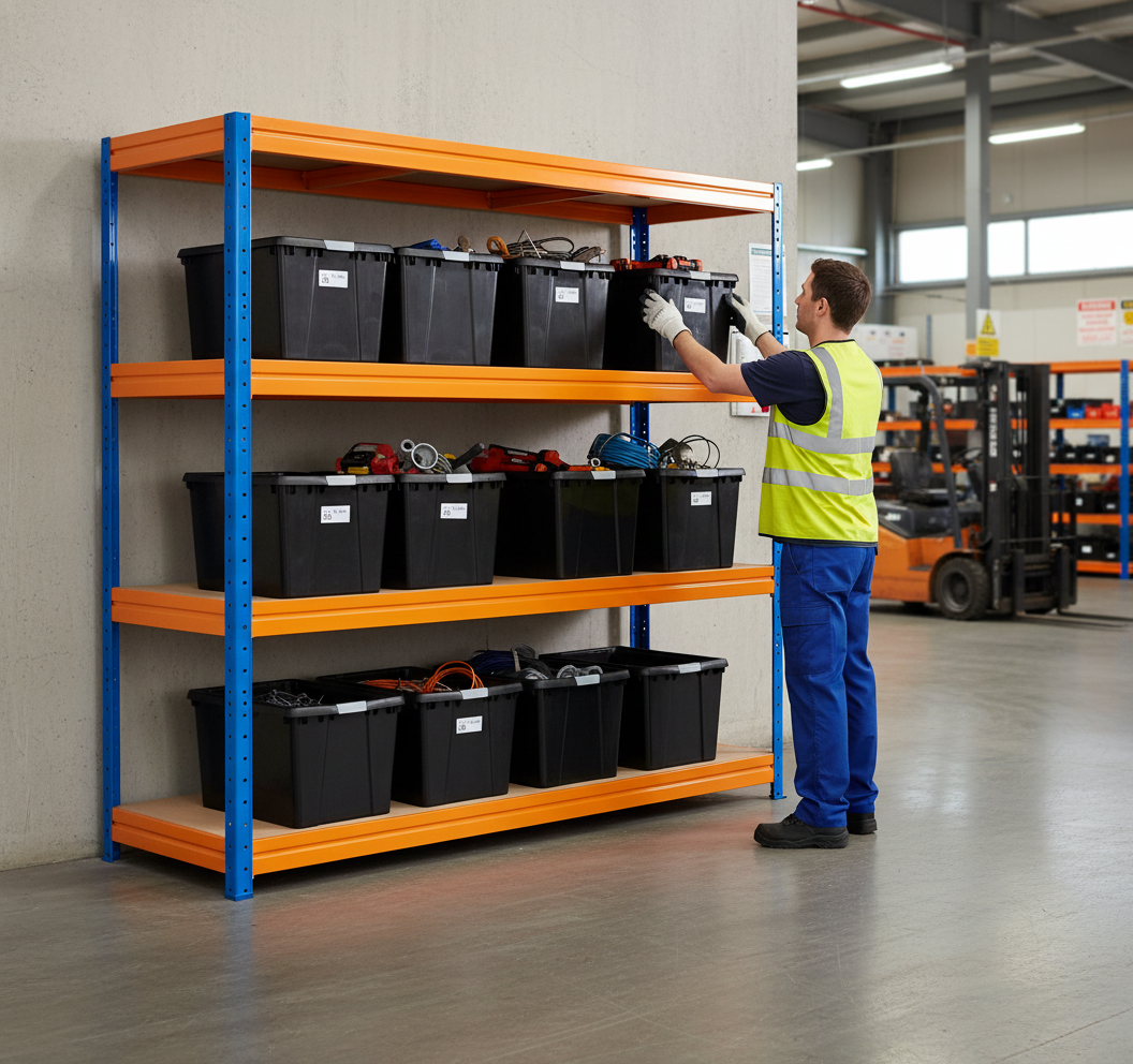 Premium Heavy Duty Shelving with 8x 37L Plastic Storage Boxes - 1770mm High - Side view