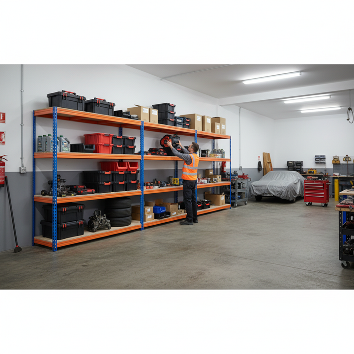 3x Premium Heavy Duty Garage Shelving - 2000mm High - 500kg Capacity - Blue & Orange - Side view