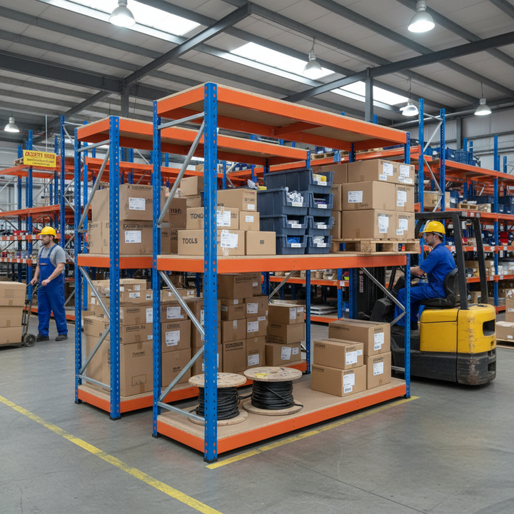 Heavy Duty Industrial Shelving - 1677mm High - 400kg Capacity - Blue & Orange - Side view