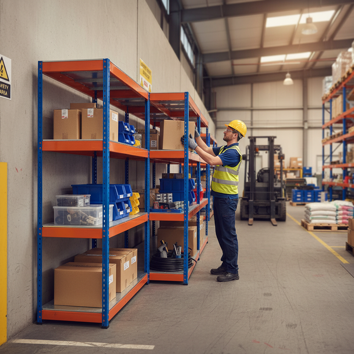 5x Heavy Duty Industrial Shelving - 2440mm High - 800kg Capacity - Steel - Blue & Orange - Front view