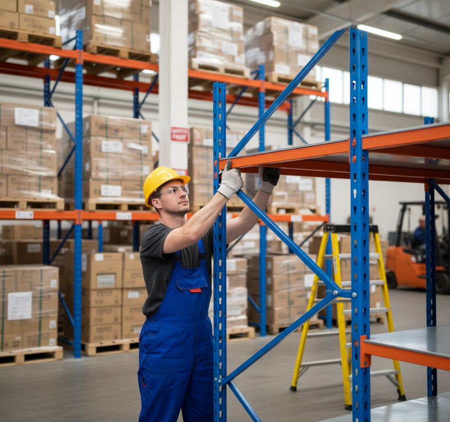 Additional Heavy Duty Steel Shelf for Industrial Storage - Blue & Orange - Front view