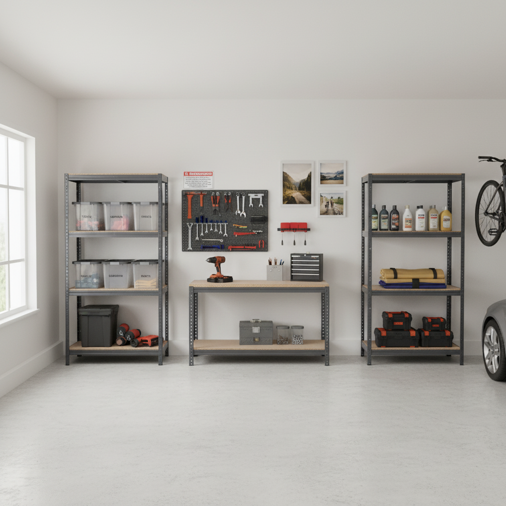 4 Heavy Duty Shelving Units and 1 Workbench - 1600mm High & Wide - Grey - Front view
