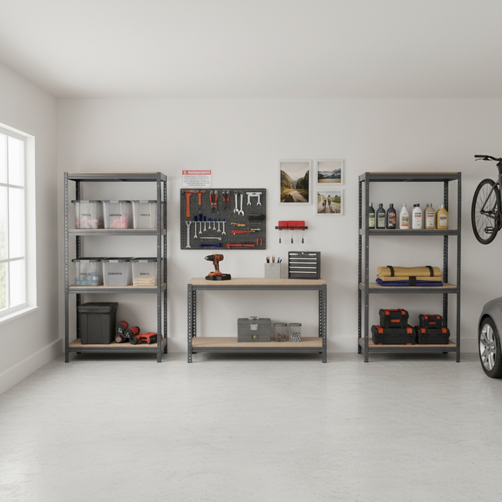 4 Heavy Duty Shelving Units and 1 Workbench - 1600mm High & Wide - Grey - Front view