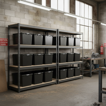 2x Heavy Duty Shelving - 2200mm High - Grey with 8x 62L Plastic Storage Boxes