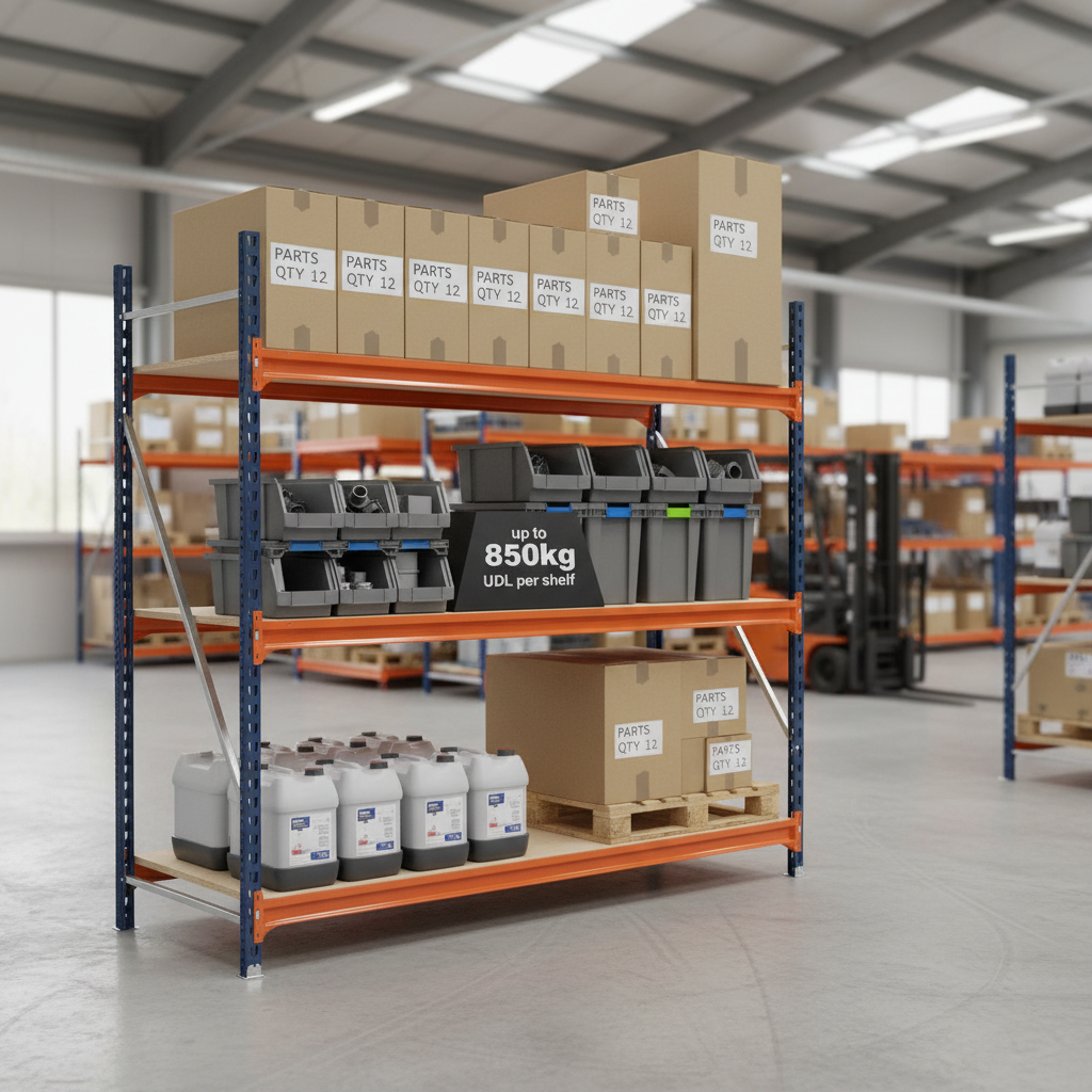 Premium Heavy Duty Longspan Shelving Extension Kit - 2500mm High - Blue & Orange - Front view