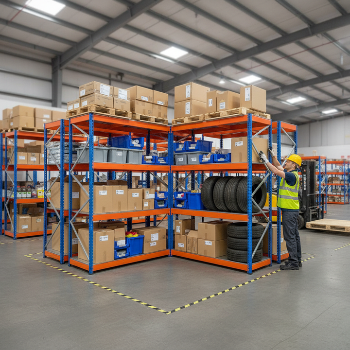 5x Heavy Duty Industrial Shelving - 1980mm High - 400kg Capacity - Steel - Blue & Orange - Side view