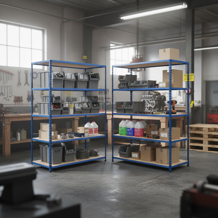 Premium 4x Industrial Shelving - 2440mm High - 200kg Load Capacity - Chipboard - Blue Finish - Front view