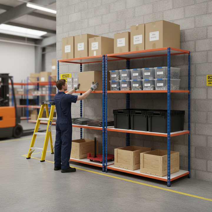 Heavy Duty Industrial Shelving - 1980mm High - 340kg Capacity - Melamine - Blue & Orange - Front view
