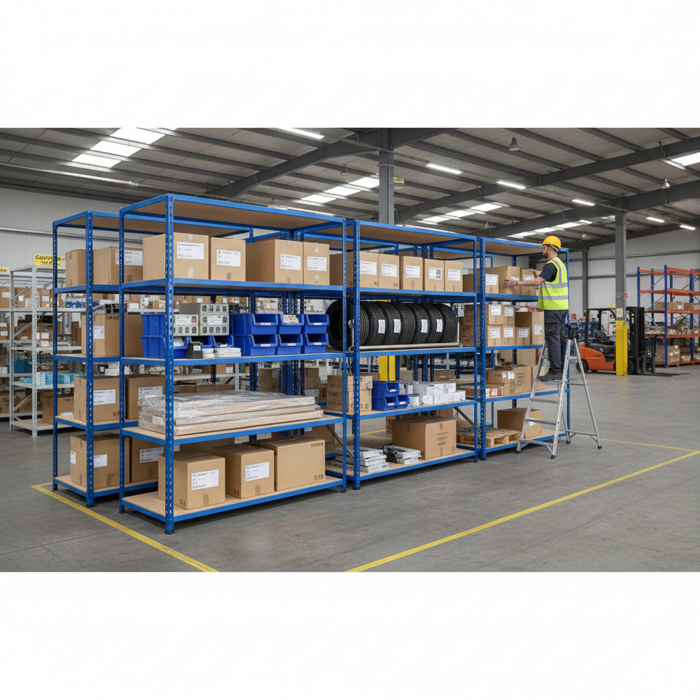 Premium 4x Industrial Shelving - 2440mm High - 200kg Load Capacity - Chipboard - Blue Finish - Side view