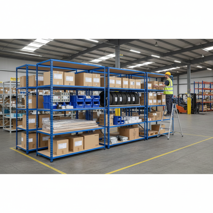 Premium 4x Industrial Shelving - 2440mm High - 200kg Load Capacity - Chipboard - Blue Finish - Side view