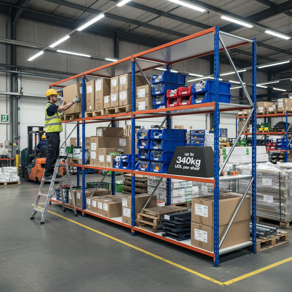 Heavy Duty Industrial Shelving - 1980mm High - 340kg Capacity - Blue & Orange - Side view