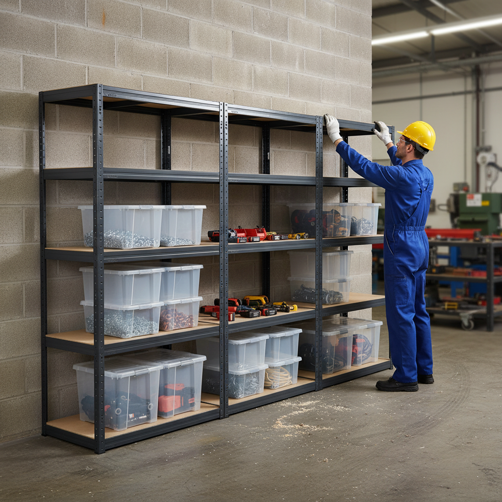3x Heavy Duty Shelving Unit - 2130mm High - Grey with 12x 60L Storage Boxes - Front view