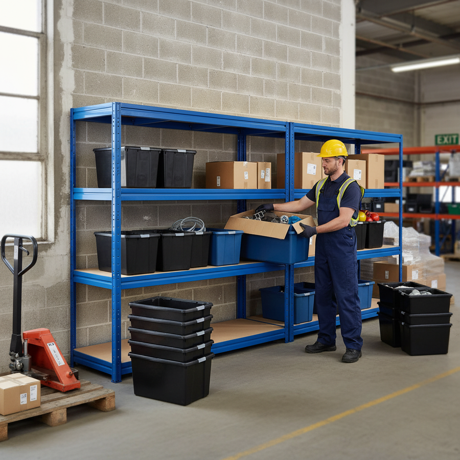 2x Premium Heavy Duty Shelving - 1770mm High - Blue with 8x 62L Plastic Storage Boxes - Front view
