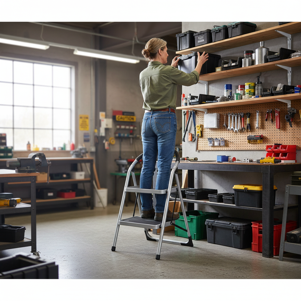 Premium Folding Step Ladder - 2 Tread for Safe Access - Side view