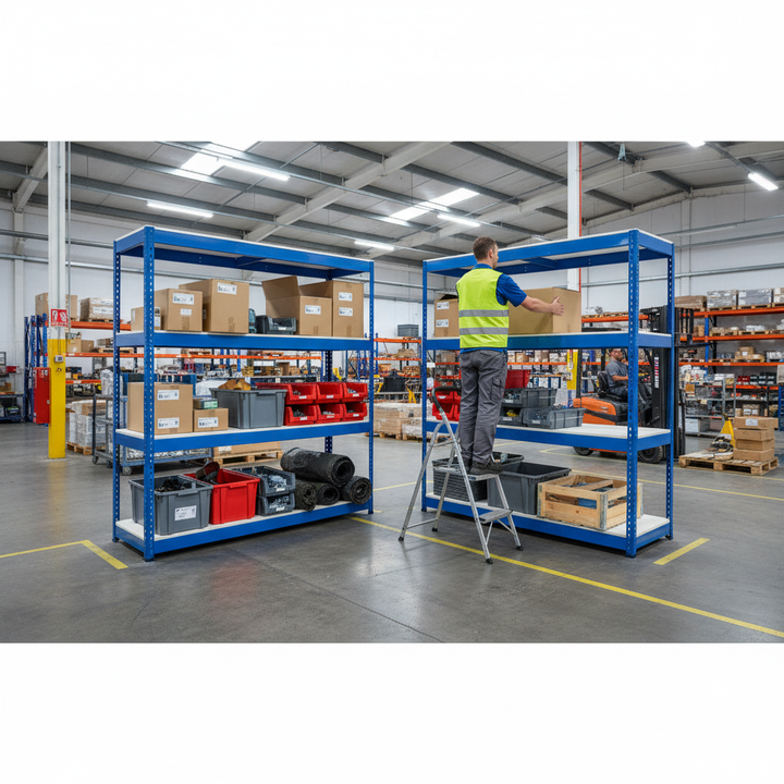 Heavy Duty Industrial Shelving - 2440mm High - 400kg Load Capacity - Melamine - Blue - Side view