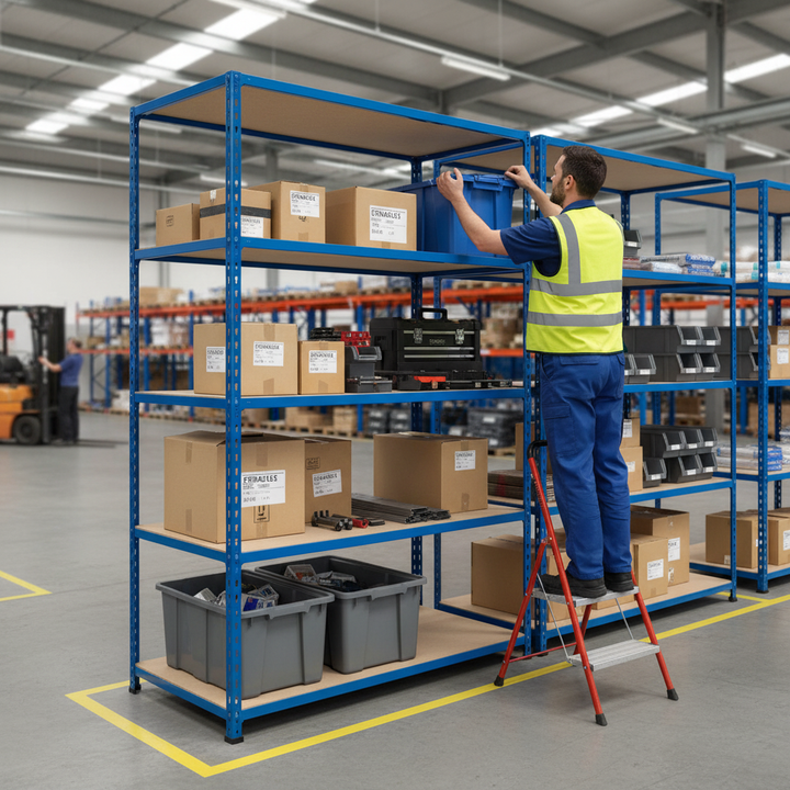 Heavy Duty Industrial Shelving - 1830mm High - 200kg Capacity - Chipboard - Blue Finish - Side view