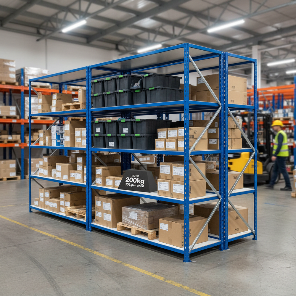 Heavy Duty Industrial Shelving - 1830mm High - 200kg Capacity - Melamine - Blue Finish - Side view