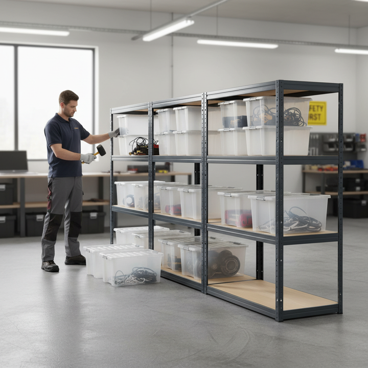 4x Premium Shelving Units - 1600mm High - Grey with 12x 60L Plastic Storage Boxes - Front view