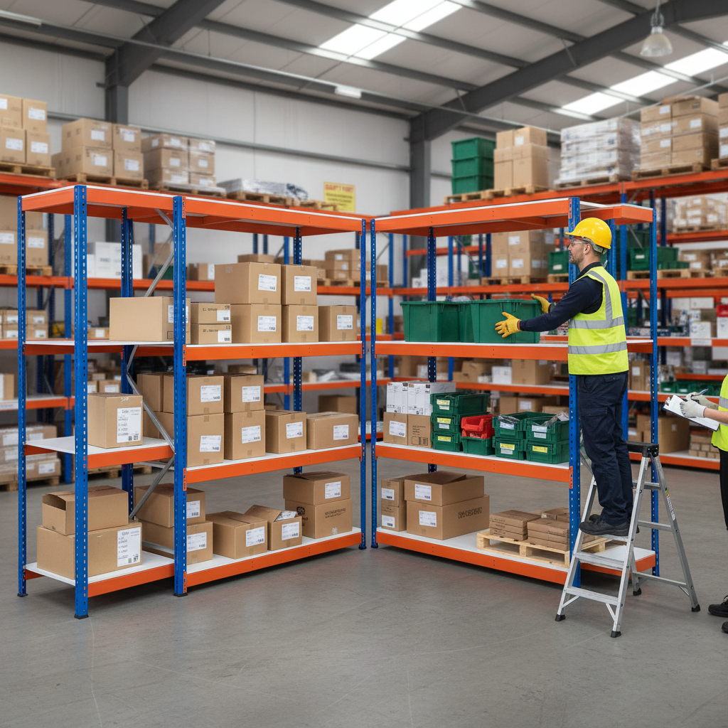 5x Heavy Duty Industrial Shelving - 3050mm High - 800kg Capacity - Melamine - Blue & Orange - Front view