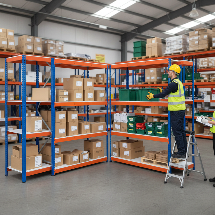 5x Heavy Duty Industrial Shelving - 3050mm High - 800kg Capacity - Melamine - Blue & Orange - Front view