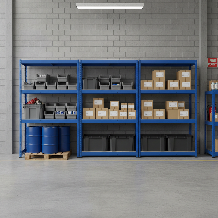 Premium 3x Industrial Shelving - 2440mm High - 400kg Capacity - Steel - Blue - Front view