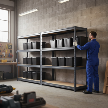 3x Heavy Duty Shelving - 1770mm High - Grey with 12x 37L Plastic Storage Boxes