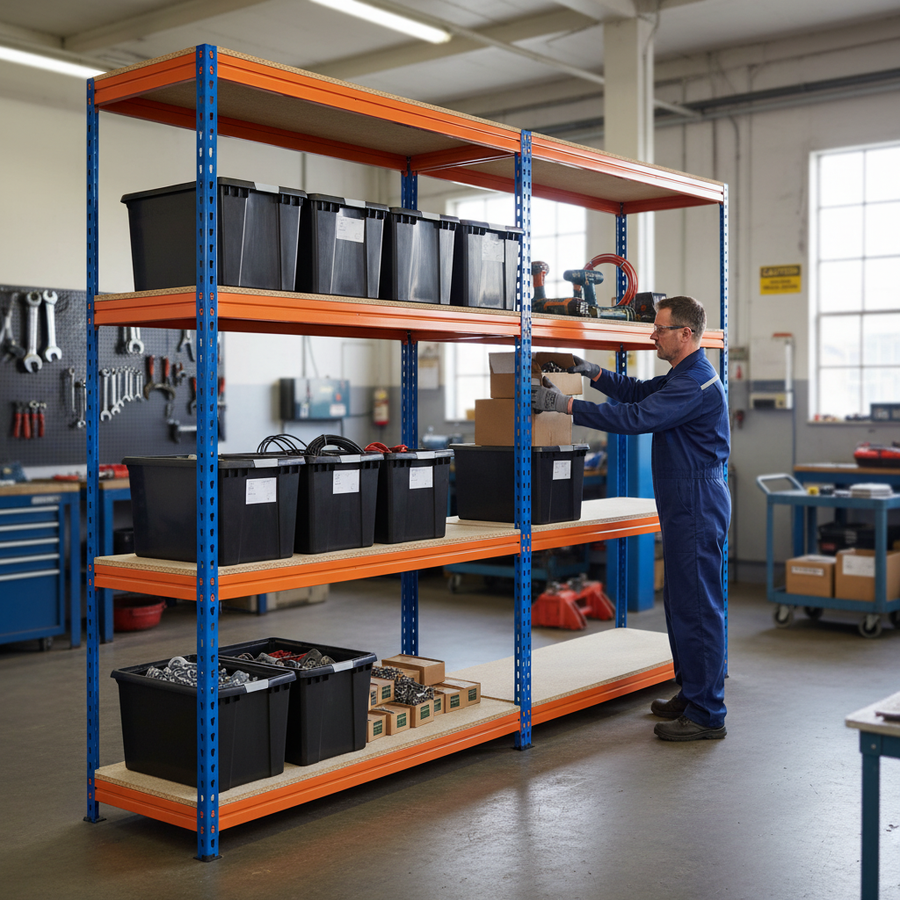 Premium Heavy Duty Shelving Unit - 2200mm High with 8x 62L Storage Boxes - Front view