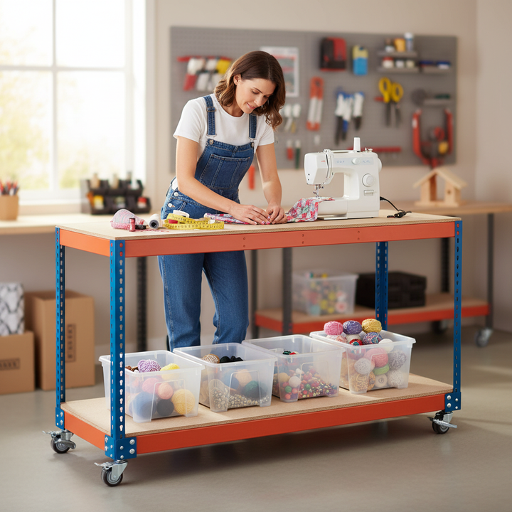 Heavy Duty Mobile Workbench - 925mm High - 300kg Capacity - Chipboard - Side view