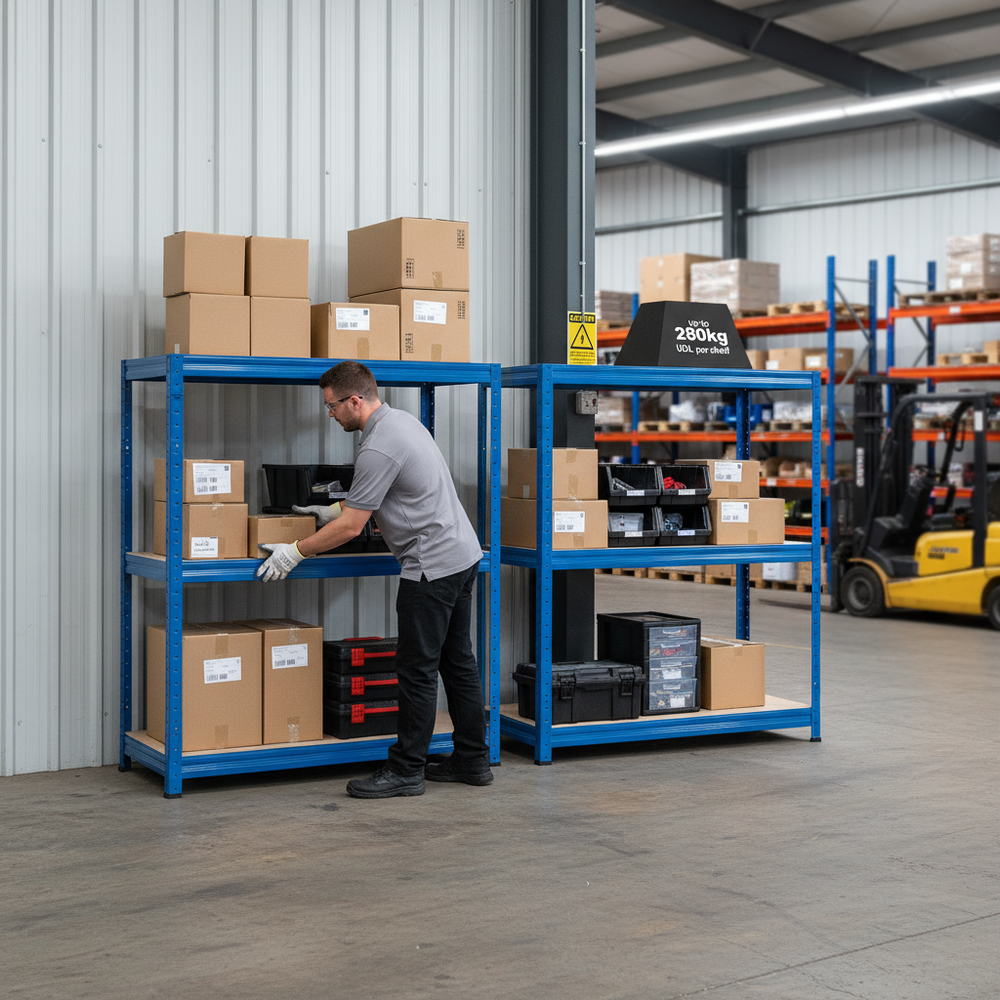 Premium Half Height Shelving Units - 800mm High - 200/280kg Capacity - Blue - Side view