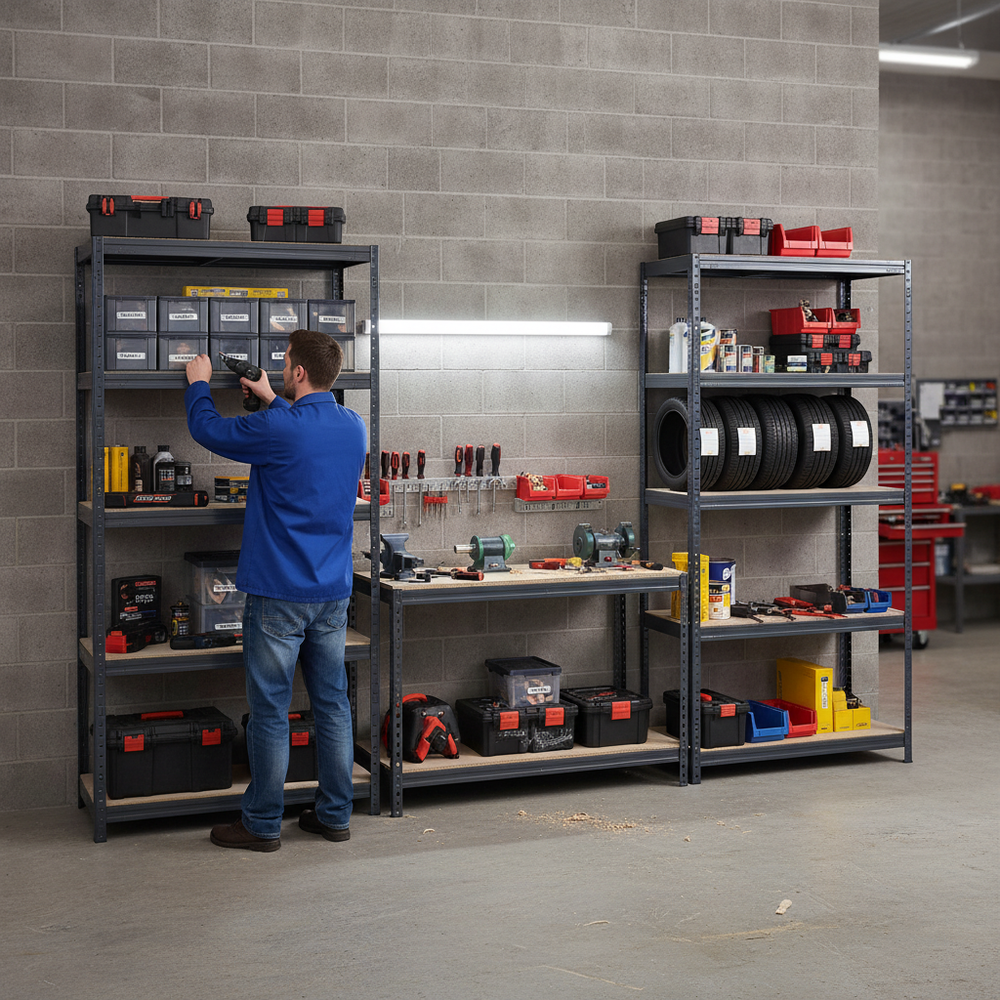 Premium 2x Shelving Units & 1x Workbench - Heavy Duty Storage Solution - Side view