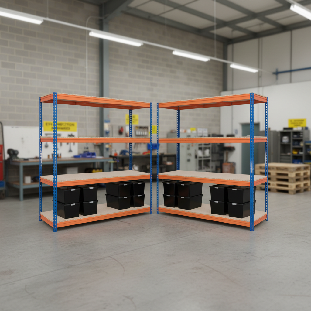 4x Heavy Duty Shelving Units - 1600mm High with 8x 62L Storage Boxes - Front view